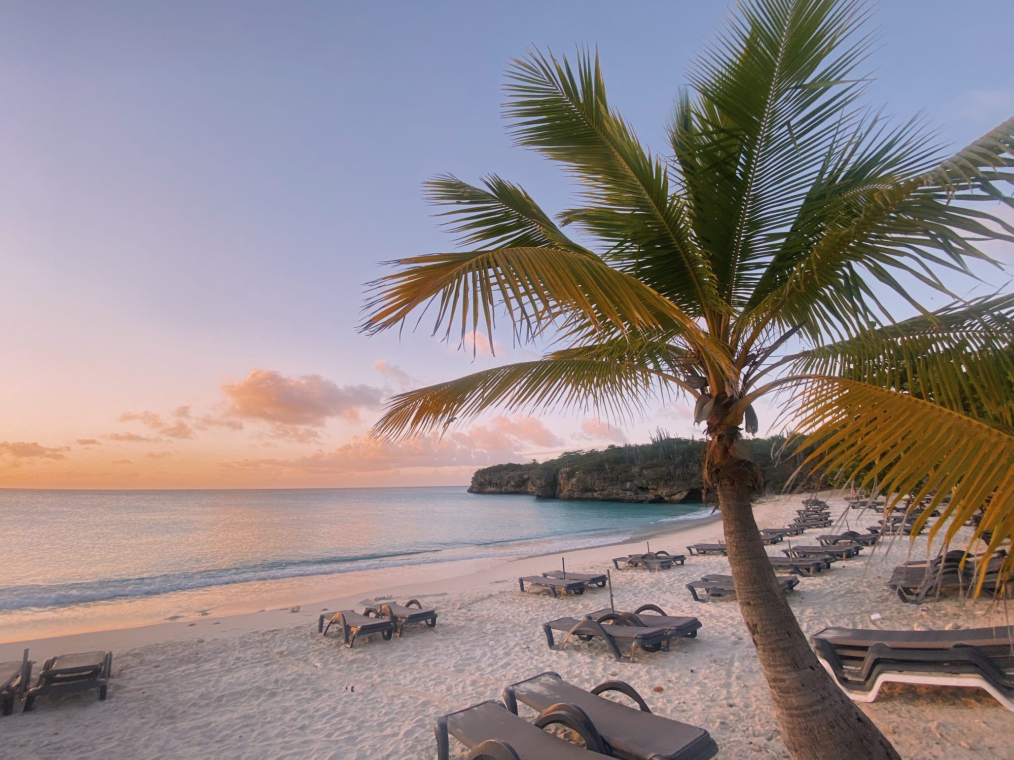 Playa con palmeras al atardecer en Curazao